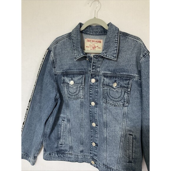 True Religion Denim Trucker Jacket Men's L Medium Wash Tape Logo NEW MSRP$179 - Picture 3 of 15